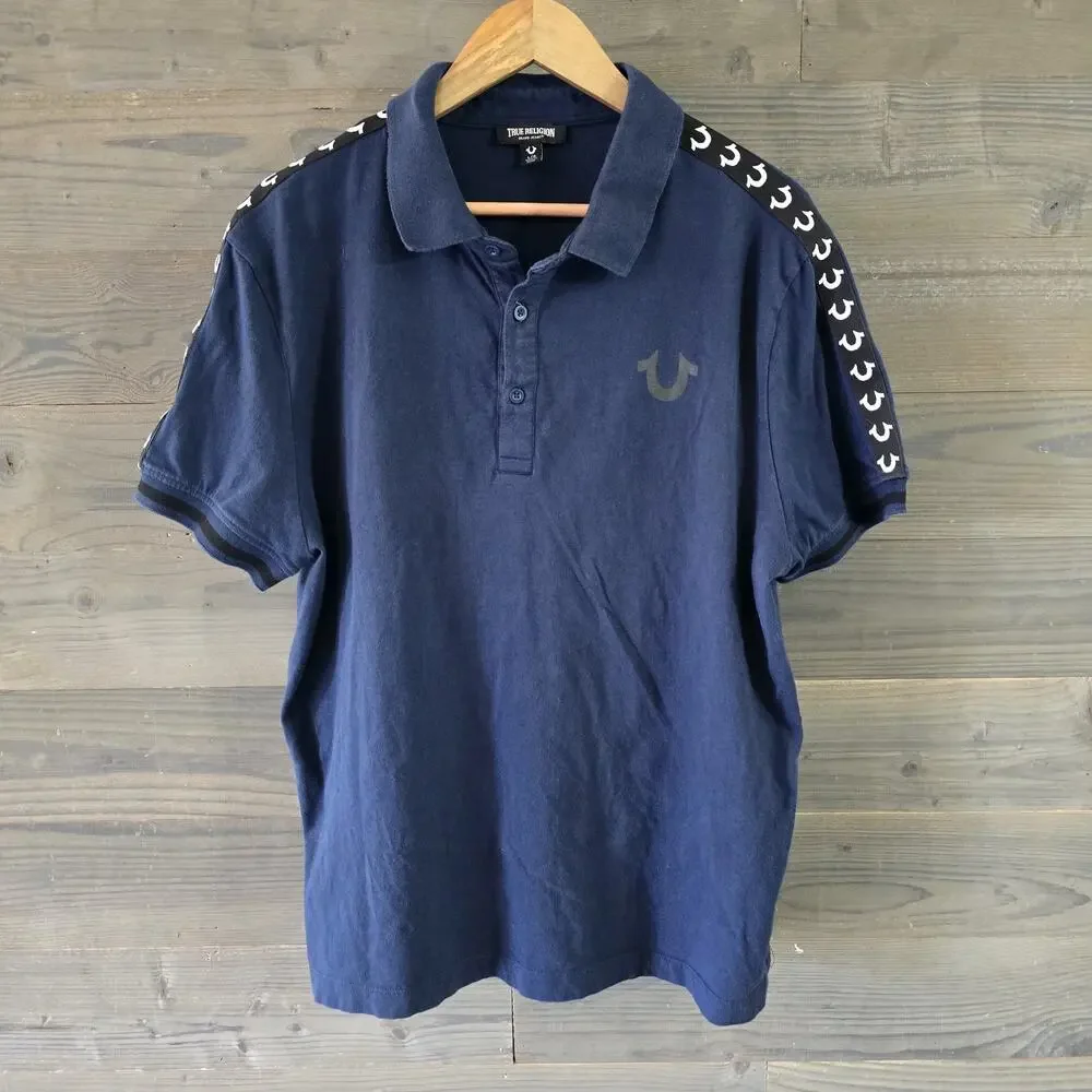True Religion Polo Shirt Men’s L Black Short Sleeve Horseshoe Logo Casual